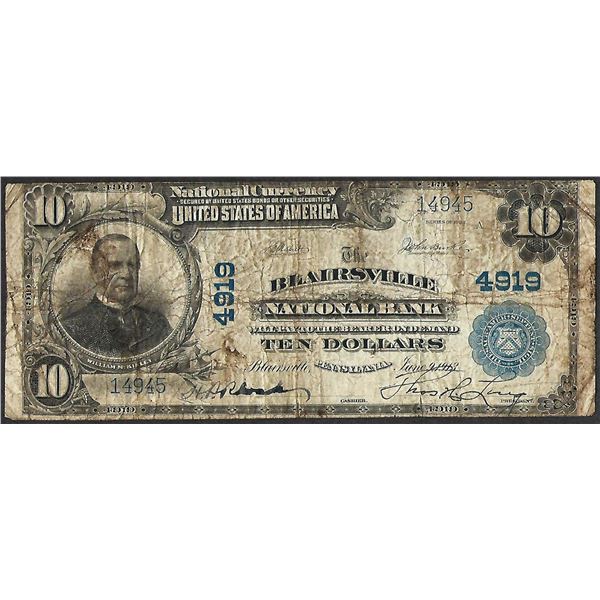 1902PB $10 Blairsville National Bank, PA CH# 4919 National Currency Note