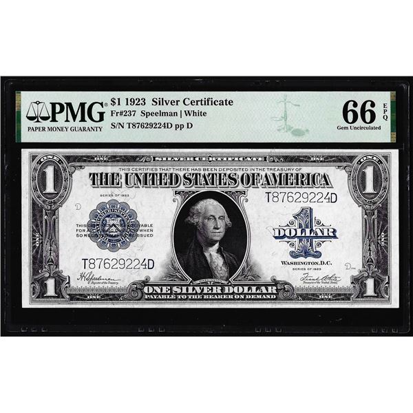 1923 $1 Silver Certificate Note Fr.237 PMG Gem Uncirculated 66EPQ