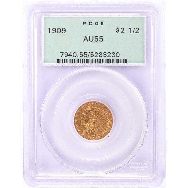 1909 $2 1/2 Indian Head Quarter Eagle Gold Coin PCGS AU55 Old Green Holder