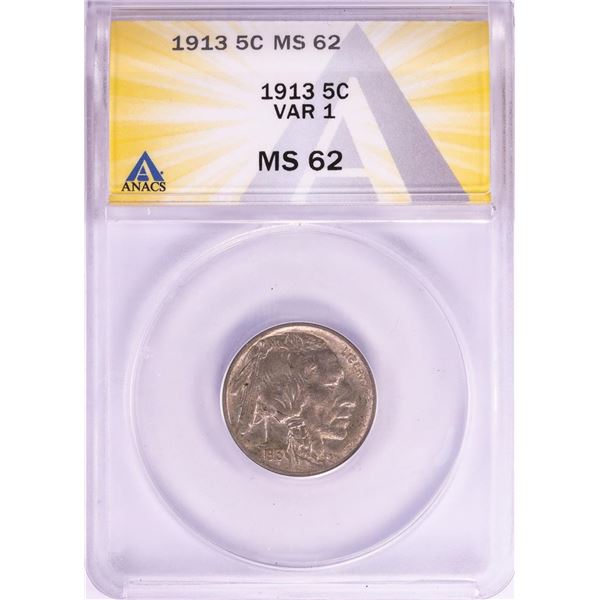 1913 Variety 1 Buffalo Nickel Coin ANACS MS62