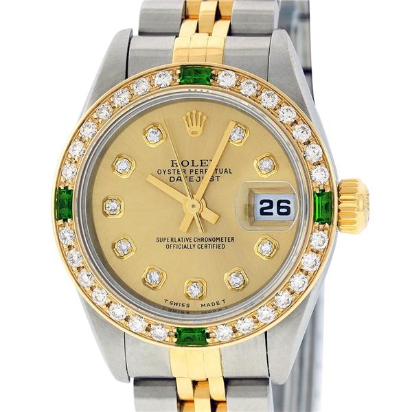 Rolex Ladies Two Tone Champagne Diamond & Emerald Quickset Datejust Wristwatch