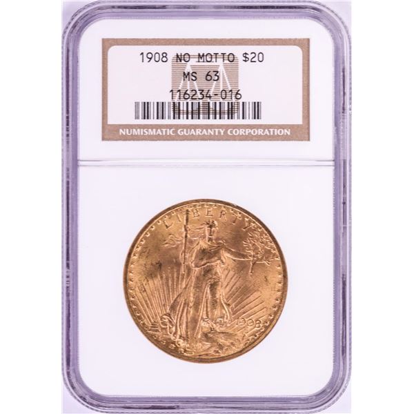 1908 No Motto $20 St. Gaudens Double Eagle Gold Coin NGC MS63