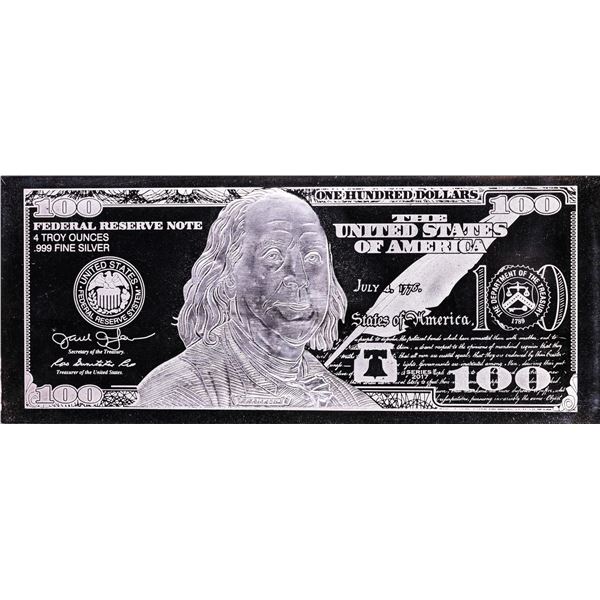2017 $100 Federal Reserve Bill 4 Troy Ounces .999 Fine Silver Bar