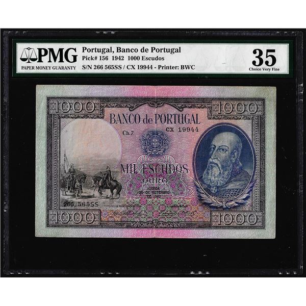 1942 Portugal Banco de Portugal 1000 Escudos Note Pick# 156 PMG Choice Very Fine 35