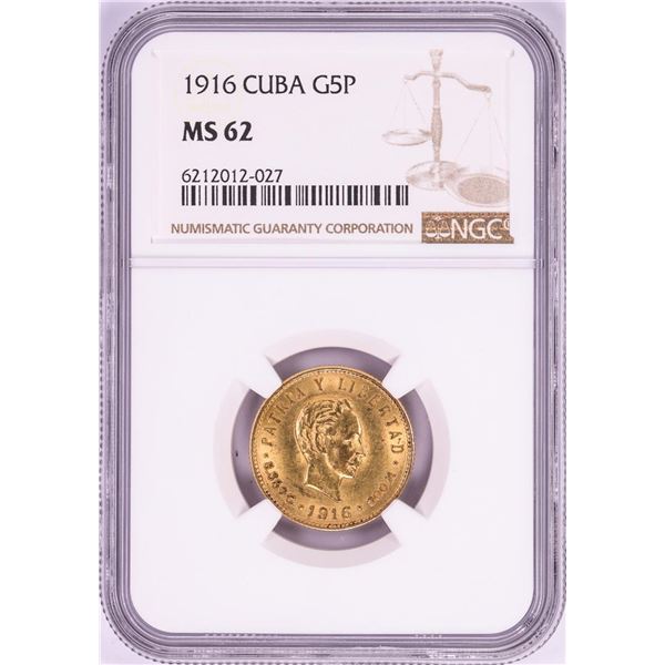 1916 Cuba 5 Pesos Gold Coin NGC MS62