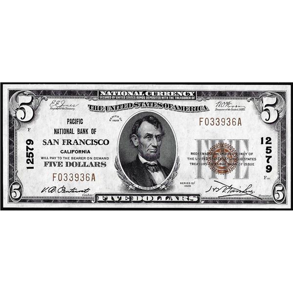 1929 $5 Pacific NB of San Francisco, CA CH# 12579 National Currency Note