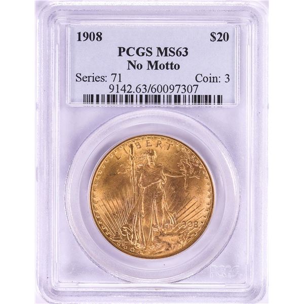 1908 No Motto $20 St. Gaudens Double Eagle Gold Coin PCGS MS63