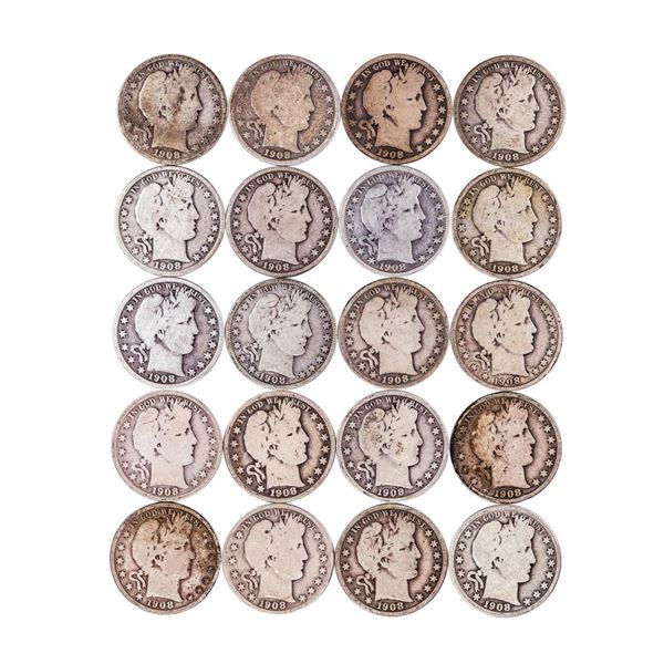 Roll of (20) 1908-P/D/O/S Barber Half Dollar Coins