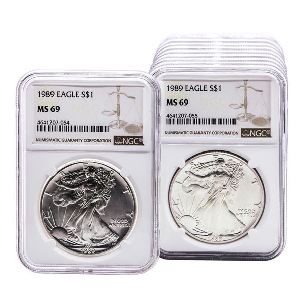 Lot of (10) 1989 $1 American Silver Eagle Coins NGC MS69