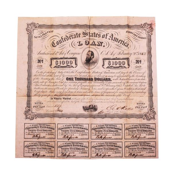 1863 $1,000 Confederate Bond Obsolete Sheet Printed on Dark Pink Paper B-241