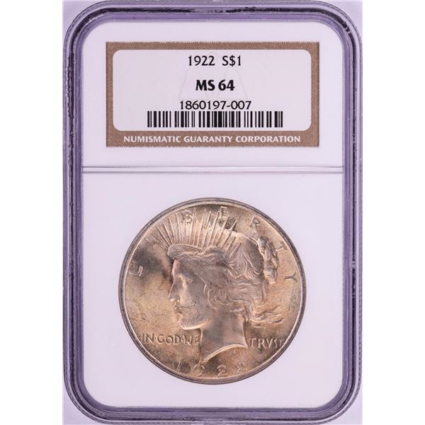1922 $1 Peace Silver Dollar Coin NGC MS64