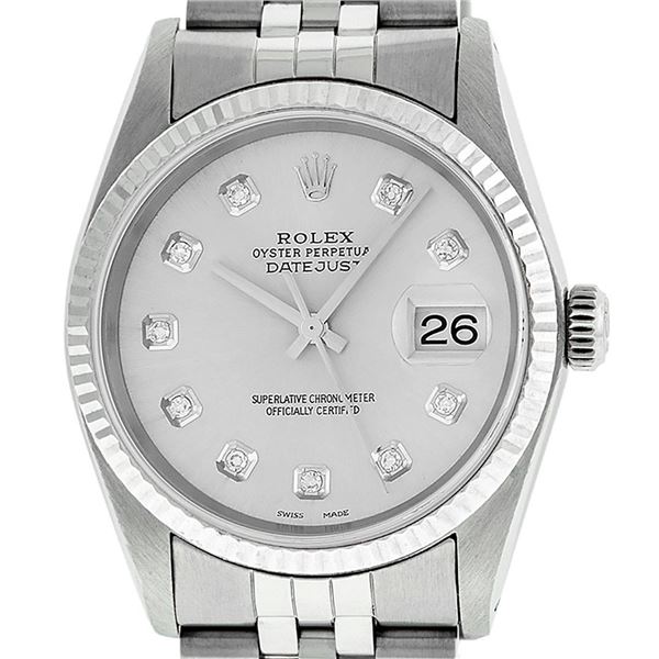 Rolex Mens Stainless Steel Silver Diamond Oyster Perpetual Datejust Wristwatch