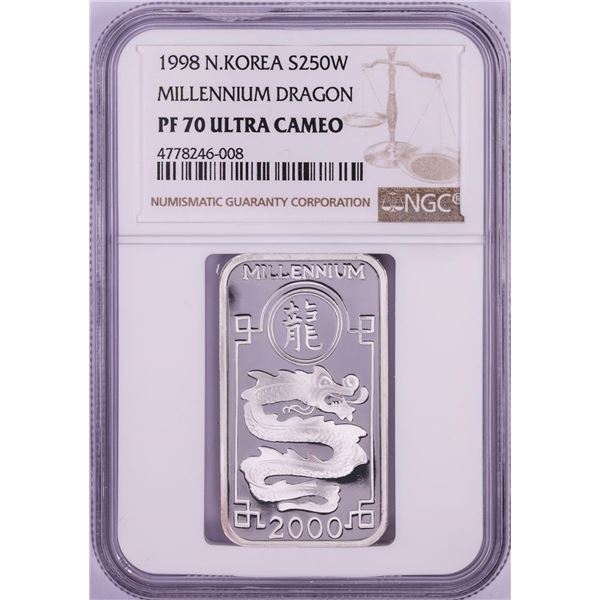 1998 Proof N. Korea 250 Won Millennium Dragon 20 Gram Silver Bar NGC PF70 Ultra Cameo