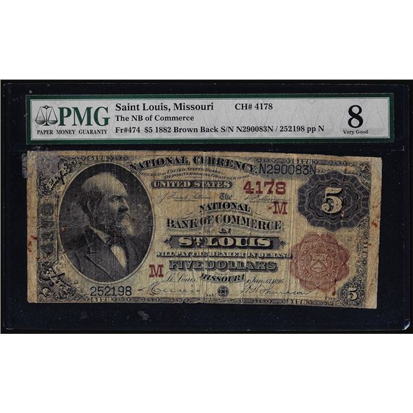1882BB $5 Bank of Commerce St. Louis, MO CH# 4178 National Currency Note PMG Very Good 8
