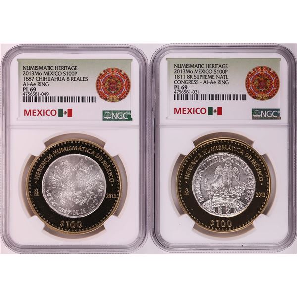Lot of (2) 2013 Mo Mexico 100 Pesos Bi-Metal Silver Coins NGC PL69