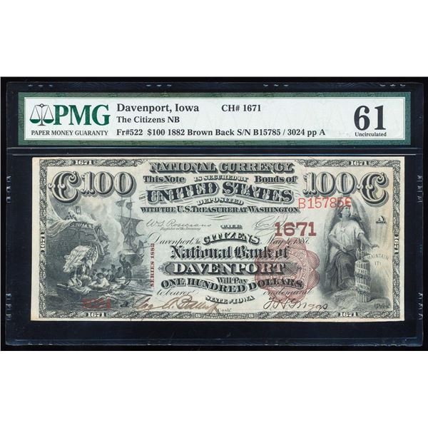 1882BB $100 NB of Davenport, Iowa CH# 1671 National Currency Note PMG Uncirculated 61