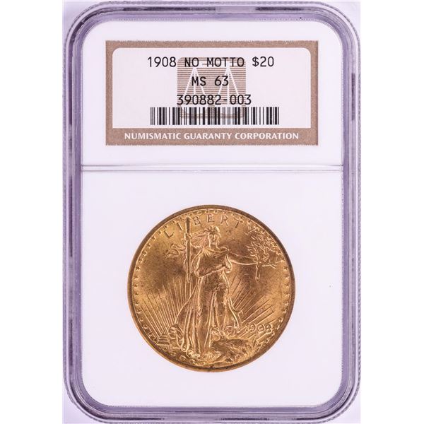 1908 No Motto $20 St. Gaudens Double Eagle Gold Coin NGC MS63