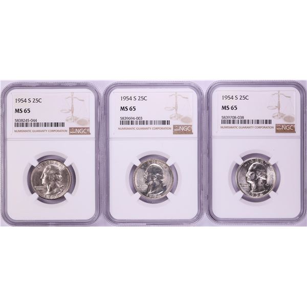 Lot of (3) 1954-S Washington Quarter Coins NGC MS65