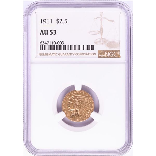 1911 $2 1/2 Indian Head Quarter Eagle Gold Coin NGC AU53