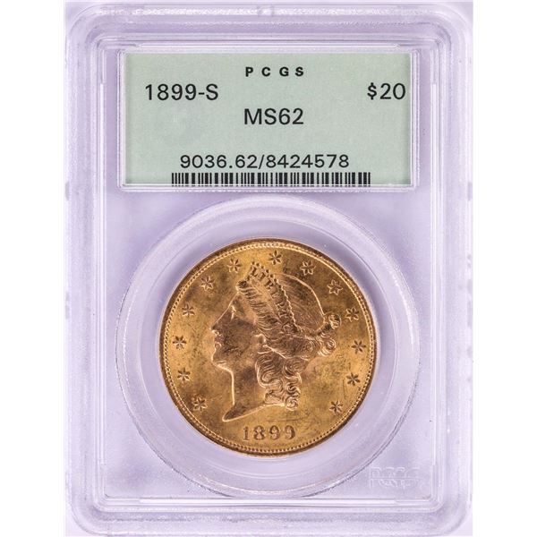 1899-S $20 Liberty Head Double Eagle Gold Coin PCGS MS62 Old Green Holder