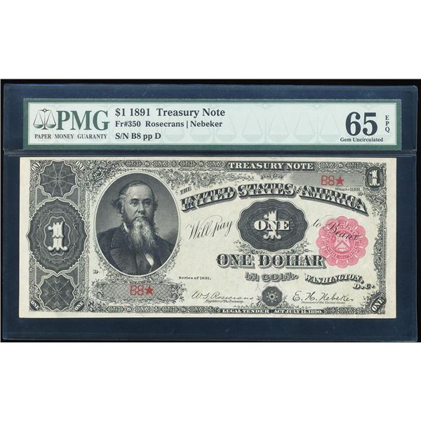 1891 $5 Treasury Note Fr.350 PMG Gem Uncirculated 65EPQ Serial #8