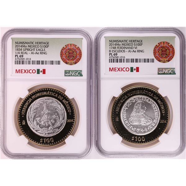 Lot of (2) 2014Mo Mexico 100 Pesos Bi-Metal Silver Coins NGC PL69