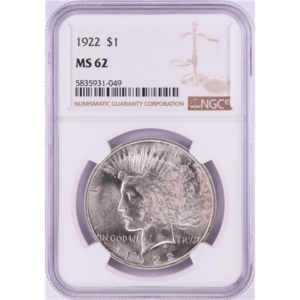 1922 $1 Peace Silver Dollar Coin NGC MS62