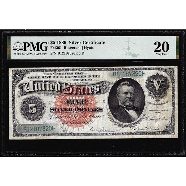 1886 $5 Silver Dollar Back Silver Certificate Note Fr.261 PMG Very Fine 20
