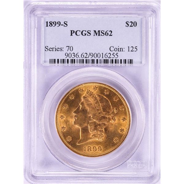 1899-S $20 Liberty Head Double Eagle Gold Coin PCGS MS62