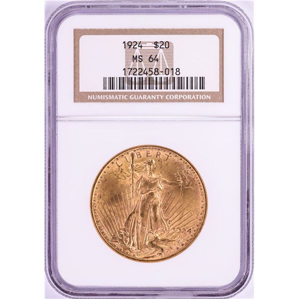 1924 $20 St. Gaudens Double Eagle Gold Coin NGC MS64