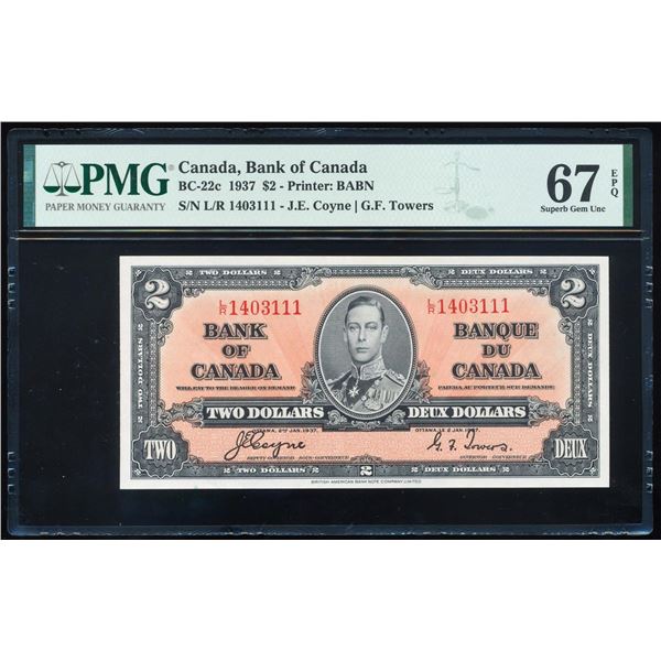 1937 $2 Bank Of Canada Note BC-22c PPMG Superb Gem Uncirculated 67EPQ