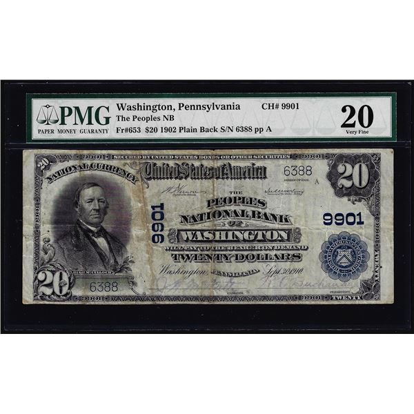 1902PB $20 Peoples NB of Washington, PA CH# 9901 National Currency Note PCGS VF20