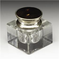 English Glass, Silver and Tortoiseshell Inkwell 
