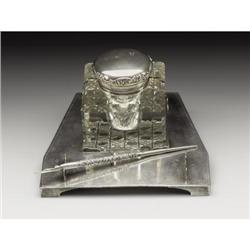 An American Glass and Silver Inkwell and Tray 