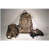 Image 1 : Two camouflage print back packs and a satchel, all appear gently used
