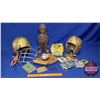 Image 1 : Box Lot: Sports Theme (Incl. Helmets, Baseball Glove, Ball, Sports Cards, Little Boy Statue, etc) Se