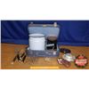 Image 1 : Combo Lot: Vintage Suitcase w/Enamelware, Iron, Kitchen, Utensils, etc
