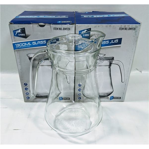 LOT OF 2 NEW 1300ML GLASS PITCHERS W/ LIDS