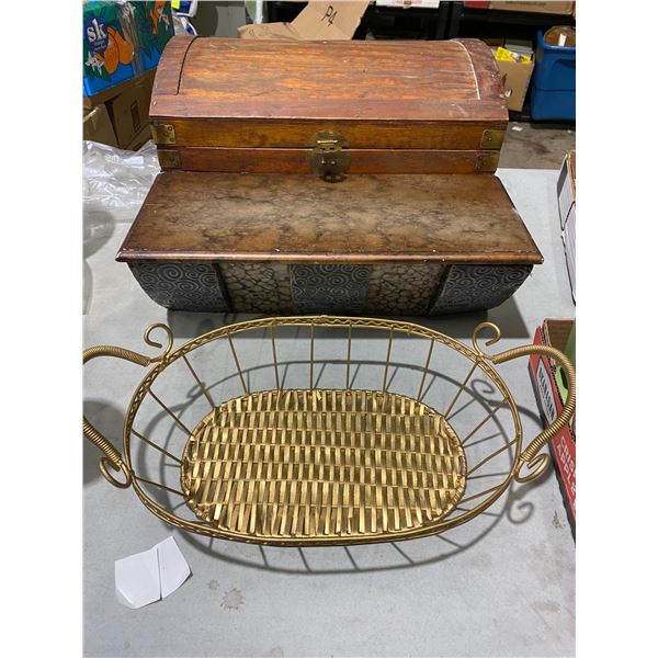 Basket, wall shelf and wood chest