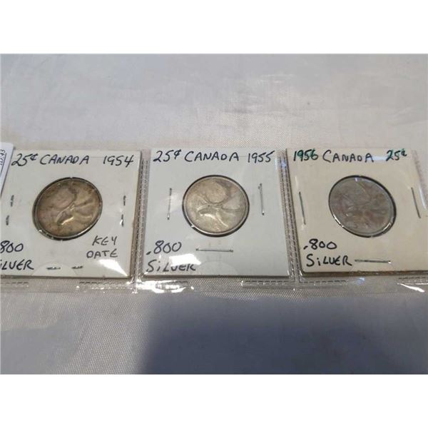 3 CANADIAN SILVER 25 CENT ELIZABETH II 1954-1956  .800 SILVER