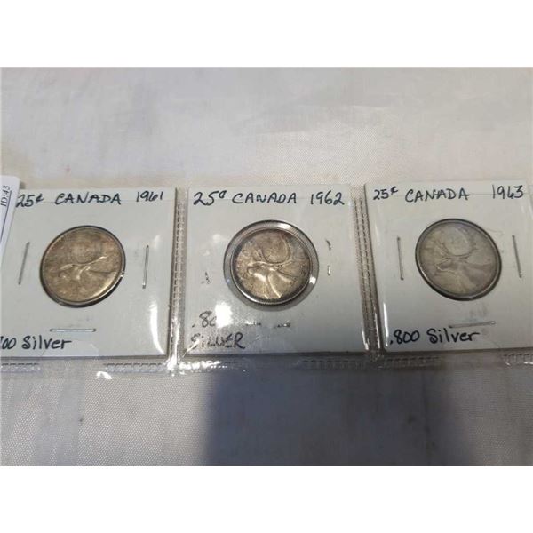 3 CANADIAN SILVER 25 CENT ELIZABETH II 1961-1963  .800 SILVER