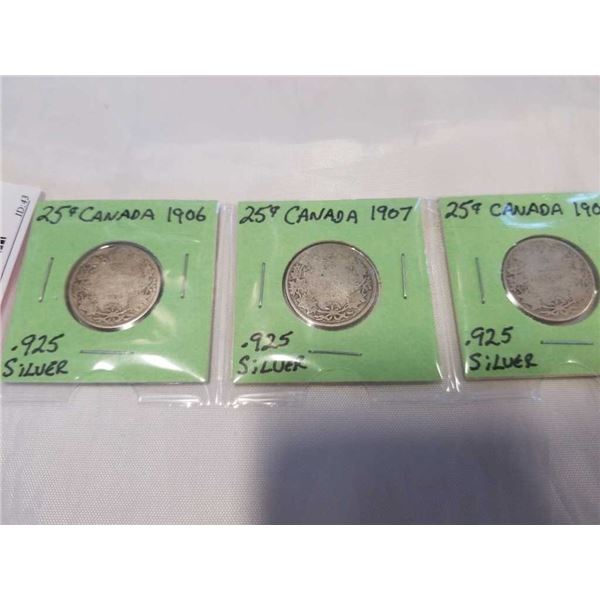 3 CANADIAN SILVER 25 CENT EDWARD VII 1906-1908  .925 SILVER