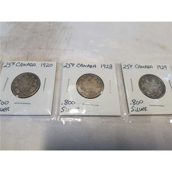 3 CANADIAN SILVER 25 CENT KING GEORGE V 1920, 1928, 1929 COINS .800 SILVER