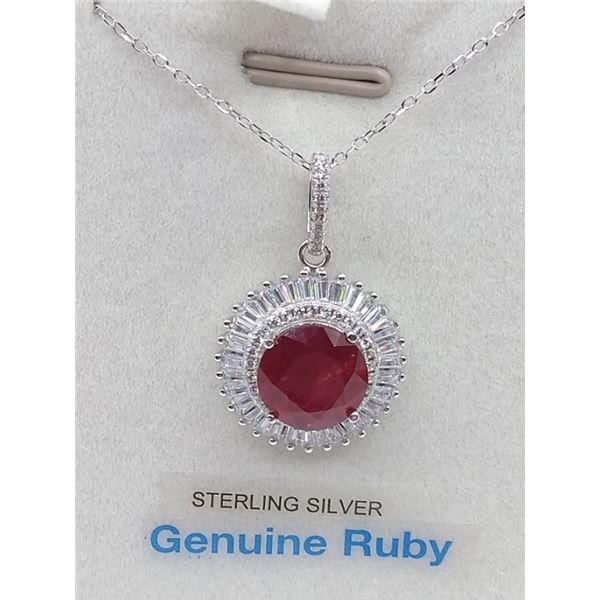 STERLING SILVER PENDANT AND CHAIN SET W. 4.97CT RUBY AND CZ W/ APPRAISAL $1320