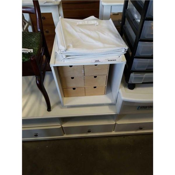 WOODEN 6 DRAWER CABINET AND 3 FABRIC STORAGE CUBES