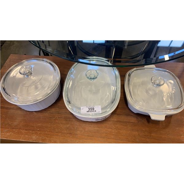 3 corning ware bowls with lids