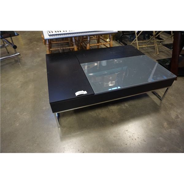 GREY AND BLACK COFFEE TABLE WITH STORAGE AND PARTIAL GLASS TOP, DOUBLE LIFT TOP