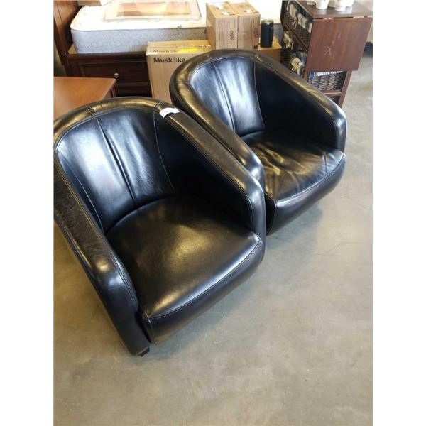 TWO BLACK LEATHER TUB CHAIRS