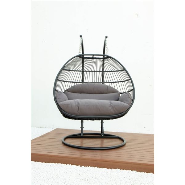 BRAND NEW DARK GREY DOUBLE HANGING EGG CHAIR - RETAIL $1969 W/ FOLDABLE FRAME, POWDER COATED STEEL F