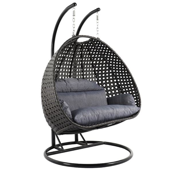 BRAND NEW MODERN RATTAN OUTDOOR DOUBLE HANGING EGG CHAIR RETAIL $2199 W/ CHARCOAL CUSHIONS - UV AND 